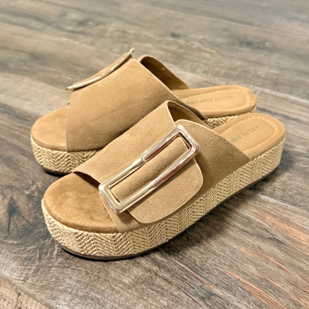 Kelsi Dagger Women Brooklyn Dover Gold Tone Buckle Platform Sandals, Tan, 8.5